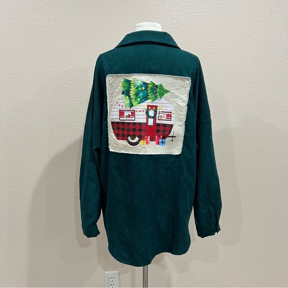 Green Corduroy Button Down with Festive Camper Christmas Tree Design Large - Picture 5 of 9